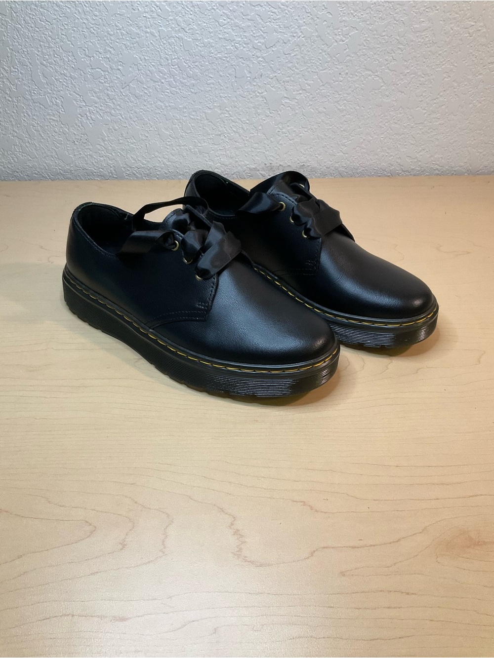 Dr. Martens Black Leather Satin-Lace Platform Oxfords